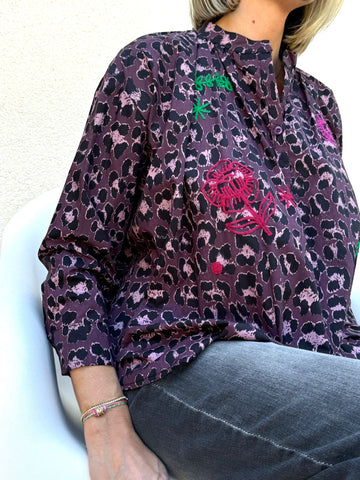 Blouse en Coton Léopard Aubergine