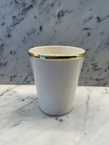 Bougie artisanale Terre cuite vernissée blanc et cerclage laiton